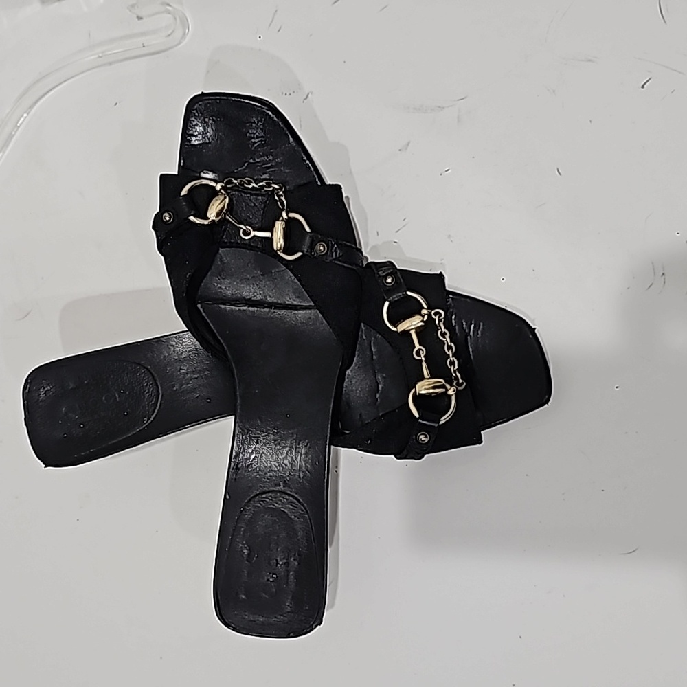 Gucci Black Canvas with  Green Leather Horsebit Slide Sandals Size 9B - Picture 7 of 8